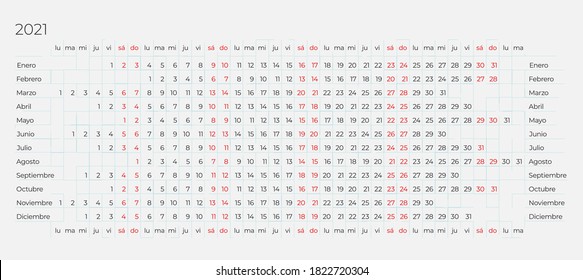 Calendario 2021 en español sobre el fondo de la luz. 12 meses línea por línea. Calendario lineal. Plantilla modificable Vector horizontal simple y limpia