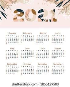 Calendar 2021 starting from Sunday. Various shapes and doodle objects. Modern art. Minimalist shapes. Geometric trendy vector illustrations. 