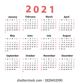 Calendar 2021 starting from Sunday. Vector illustration