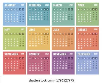 calendario para 2021 comienza lunes, diseño del calendario vectorial 2021 año