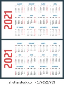 calendar for 2021 starts sunday and monday, vector calendar design 2021 year