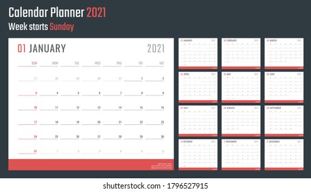 calendar for 2021 starts sunday, vector calendar design 2021 year