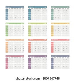 calendar for 2021 starts sunday, vector calendar design 2021 year
