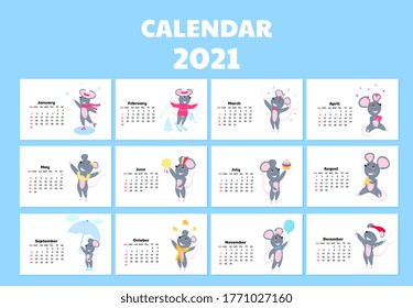 Calendar for 2021 from Sunday to Saturday. Cute rats in different costumes. Mouse cartoon character. Funny animal.