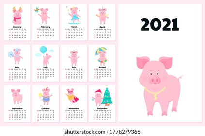 Calendar for 2021 from Sunday to Saturday. Cute pigs in different costumes. Superhero, Princess, Santa Claus. Funny animal. Piggy cartoon character