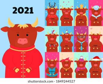 Calendar for 2021 from Sunday to Saturday. Funny cartoon ox in a variety of costumes . Chinese Happy new year. Bull, cow. Lunar horoscope sign.