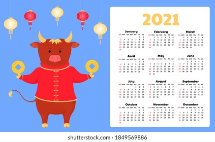 Calendar for 2021 from Sunday to Saturday. Funny cartoon ox. Chinese Happy new year. Bull, cow. Lunar horoscope sign.