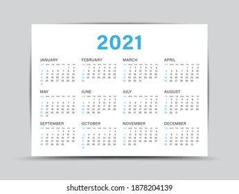 Calendar 2021 template - 12 months yearly calendar set in 2021, Planner, wall calendar, vector illustration