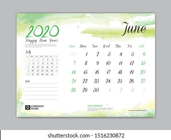 Calendar 2021 template, Calendar for 2020 year template, June month, Desk Calendar 2020, week start on sunday, planner design, stationery, business printing, watercolor background, vector 
