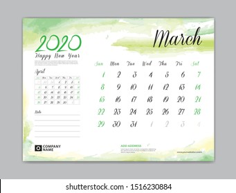 Calendar 2021 template, Calendar for 2020 year template, March month, Desk Calendar 2020, week start on sunday, planner design, stationery, business printing, watercolor background, vector 