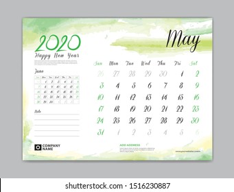 Calendar 2021 template, Calendar for 2020 year template, May month, Desk Calendar 2020, week start on sunday, planner design, stationery, business printing, watercolor background, vector 