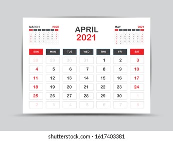 calendar 2021 template. April Page vector for calendar 2021 template. Table, Wall, Desk calendar design. Week starts on Monday, Minimal Diary Planner Design. printing, advertisement, Red background