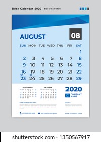 Calendar 2021 template, AUGUST 2020 Month template, Desk Calendar for 2020 year, week start on sunday, planner, stationery, Blue Concept, vertical layout vector, business printing design