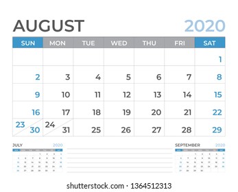 Calendar 2021 template, August 2020 Calendar template, Desk calendar layout  Size 8 x 6 inch, planner design, week starts on sunday, stationery design, vector Eps10