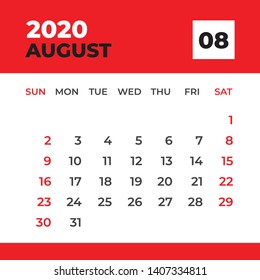 Calendar 2021 template, AUGUST 2020 template, Desk Calendar for 2020 year, week start on sunday, planner design, stationery, Calendar layout vector, business printing