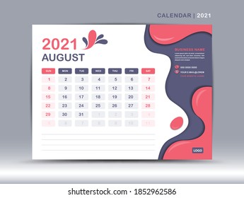 Calendar 2021 template, August Page design, Desk calendar vector for calendar 2021 template, Week starts on Monday, Fluid colorful background,  Trendy minimal, creative design
