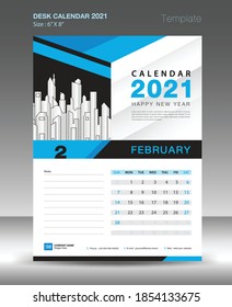 Calendar 2021 template Blue background concept, February month, Desk Calendar vector design, Wall calendar