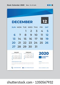 Calendar 2021 template, DECEMBER 2020 Month template, Desk Calendar for 2020 year, week start on sunday, planner, stationery, Blue Concept, vertical layout vector, business printing design
