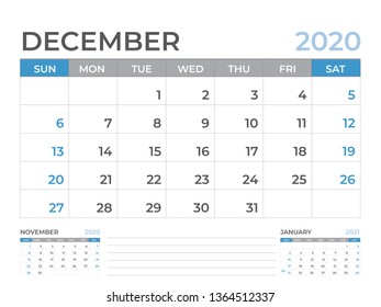 Calendar 2021 template, December 2020 Calendar template, Desk calendar layout  Size 8 x 6 inch, planner design, week starts on sunday, stationery design, vector Eps10