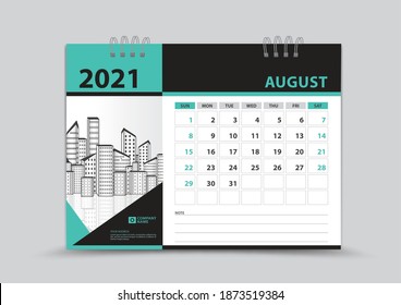 Calendar 2021 template design, August Page vector, Week starts on Sunday, Monthly planner for 2021 year, wall calendar, business organizer planner, Green abstract background