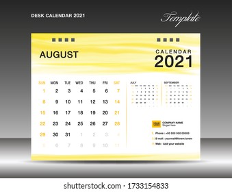 Calendar 2021 template design. Desk calender 2021. August template. week starts on sunday. planner. simple. business printing. advertiement. yellow watercolor background