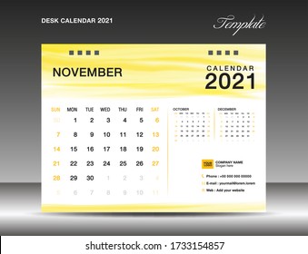 Calendar 2021 template design. Desk calender 2021. November template. week starts on sunday. planner. simple. business printing. advertiement. yellow watercolor background