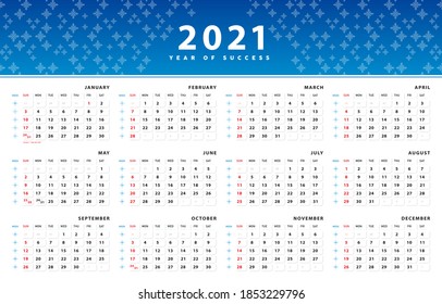 Calendar 2021 template design. Header Gradient blue minimal with pattern shape and clean layout for business, corporate design planner template. Week Start on Sunday. Set of 12 Months. Ready for print