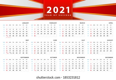 Calendar 2021 template design. Header abstract red design and clean layout for business, corporate design planner template. Week Start on Sunday. Set of 12 Months. Ready for print
