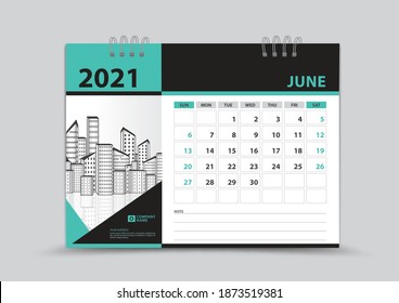 Calendar 2021 template design, June Page vector, Week starts on Sunday, Monthly planner for 2021 year, wall calendar, business organizer planner, Green abstract background