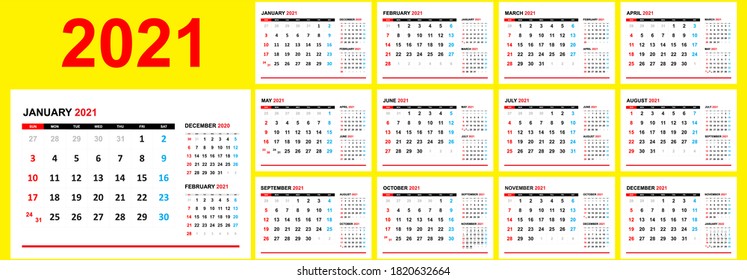 Calendar 2021 Template Design. Set of 12 Months