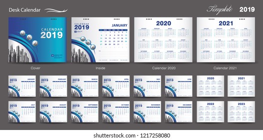 Calendar 2021  template design vector, Calendar 2020, 2021, 2022, 2023, cover design, Set of 12 Months, Week starts Sunday, Stationery design, flyer layout, printing media, blue background