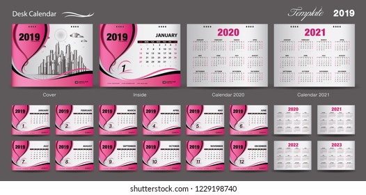 Calendar 2021 template design vector, Calendar 2020, 2021, 2022, 2023, cover design, Set of 12 Months, Week starts Sunday, Stationery design, flyer layout, printing media, pink background