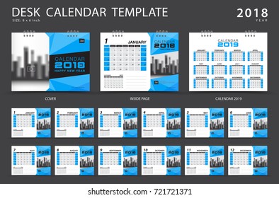 Calendar 2021 template, Desk calendar 2018 template. Set of 12 Months. Planner. Week starts on Sunday. Stationery design. advertisement. Business flyer. Blue cover. Vector layout. 