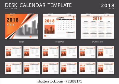 Calendar 2021 template, Desk calendar 2018 template. Set of 12 Months. Planner. Week starts on Sunday. Stationery design. advertisement. Vector layout. Orange cover. business brochure flyer.