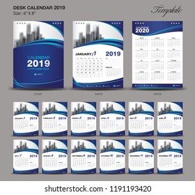 calendar 2021 template, Desk Calendar 2019 year size  6 x 8 inch template, blue calendar 2019 template, Set of 12 Months, Week Starts Monday, wall calendar, flyer design, cover template 