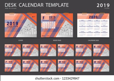 Calendar 2021 template, Desk calendar 2020 template. Set of 12 Months. Planner. Week starts on Sunday. Stationery design. advertisement. Vector layout. orange cover. business brochure flyer. 