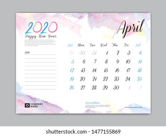 Calendar 2021 template, Desk Calendar for 2020 year, April 2020 template, week start on sunday, planner design, stationery, business printing, watercolor background, vector