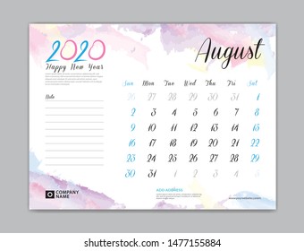 Calendar 2021 template, Desk Calendar for 2020 year, August 2020 template, week start on sunday, planner design, stationery, business printing, watercolor background, vector 