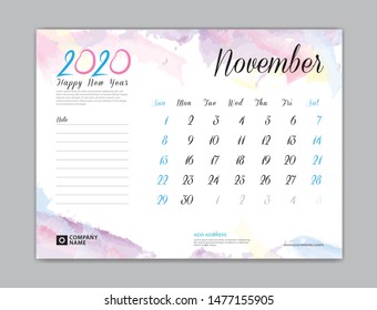 Calendar 2021 template, Desk Calendar for 2020 year, November 2020 template, week start on sunday, planner design, stationery, business printing, watercolor background, vector 