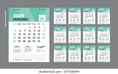 Calendar 2021 template, Desk Calendar 2020 template,  Week Starts on Sunday. Set of 12 Months. planner template. green background. vertical page vector Eps10. 