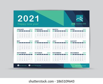 Calendar 2021 template, Desk calendar design, Happy New year, minimal trendy style, Wall calendar, wall calendar layout,  Week start on Sunday, Set of 12 Months, Green background, vector illustration