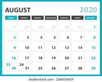 Calendar 2021 template, Desk calendar layout  Size 8 x 6 inch, August 2020 Calendar template, planner design, week starts on sunday, stationery design, vector Eps10