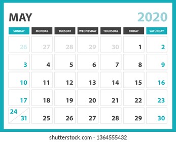 Calendar 2021 template,  Desk calendar layout  Size 8 x 6 inch, May 2020 Calendar template, planner design, week starts on sunday, stationery design, vector Eps10