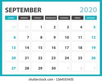 Calendar 2021 template,  Desk calendar layout  Size 8 x 6 inch, September 2020 Calendar template, planner design, week starts on sunday, stationery design, vector Eps10