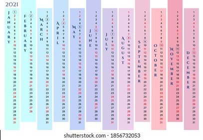 Calendar 2021 template in English. New 2021 year. Vertical months. Editable vector