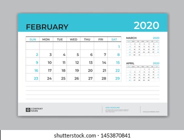 Calendar 2021 template, FEBRUARY 2020 template, Desk Calendar for 2020 year, week start on sunday, planner design, stationery, business printing, vector eps10