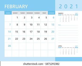 Calendar 2021 template, February 2021 year, desk calendar 2021 layout, corporate design planner template. Blue background