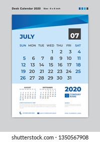 Calendar 2021 template, JULY 2020 Month template, Desk Calendar for 2020 year, week start on sunday, planner, stationery, Blue Concept, vertical layout vector, business printing design