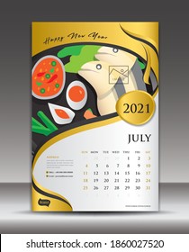 Calendar 2021 template, July month, Desk Calendar vector design, Wall calendar, food concept, Gold background