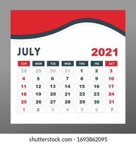 calendar 2021 template. July Page vector for calendar 2021 template. Table, Wall, Desk calendar design. Week starts on Sunday. Minimal Diary Planner Design. printing, advertisement, Red background